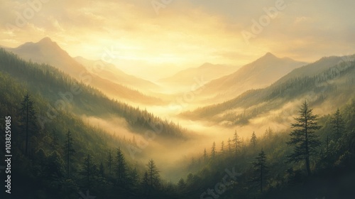 A peaceful mountain scene shrouded in mist, with soft morning sunlight casting a golden glow over the landscape, symbolizing tranquility