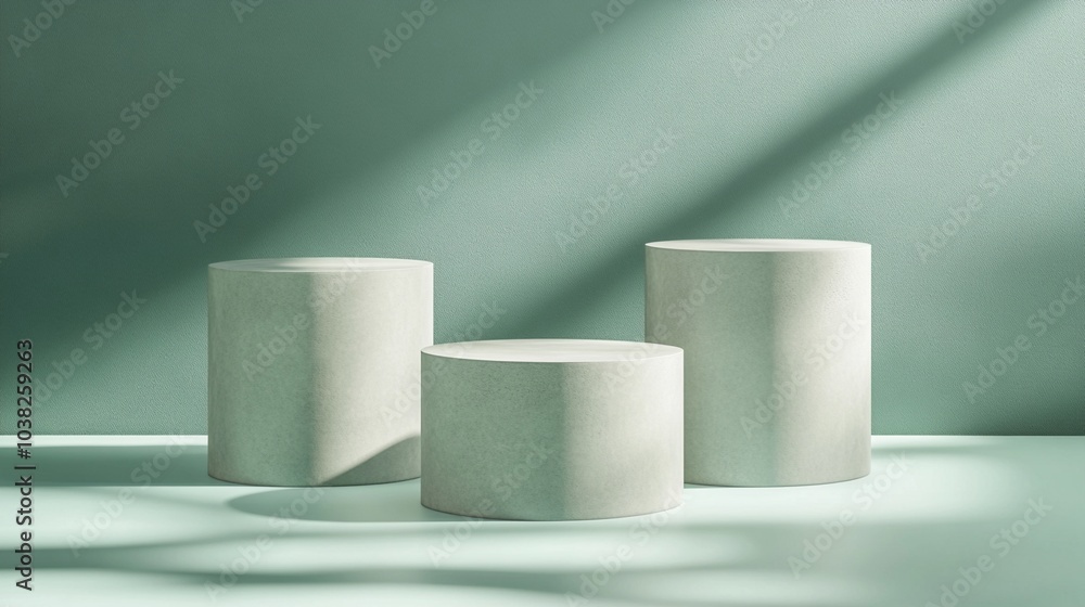 Minimalist white cylindrical podiums on mint green background with dramatic shadow play, perfect for product display or modern art installation. Minimalist white cylindrical podiums on mint green background with dramatic shadow play, perfect for product display or modern art installation.