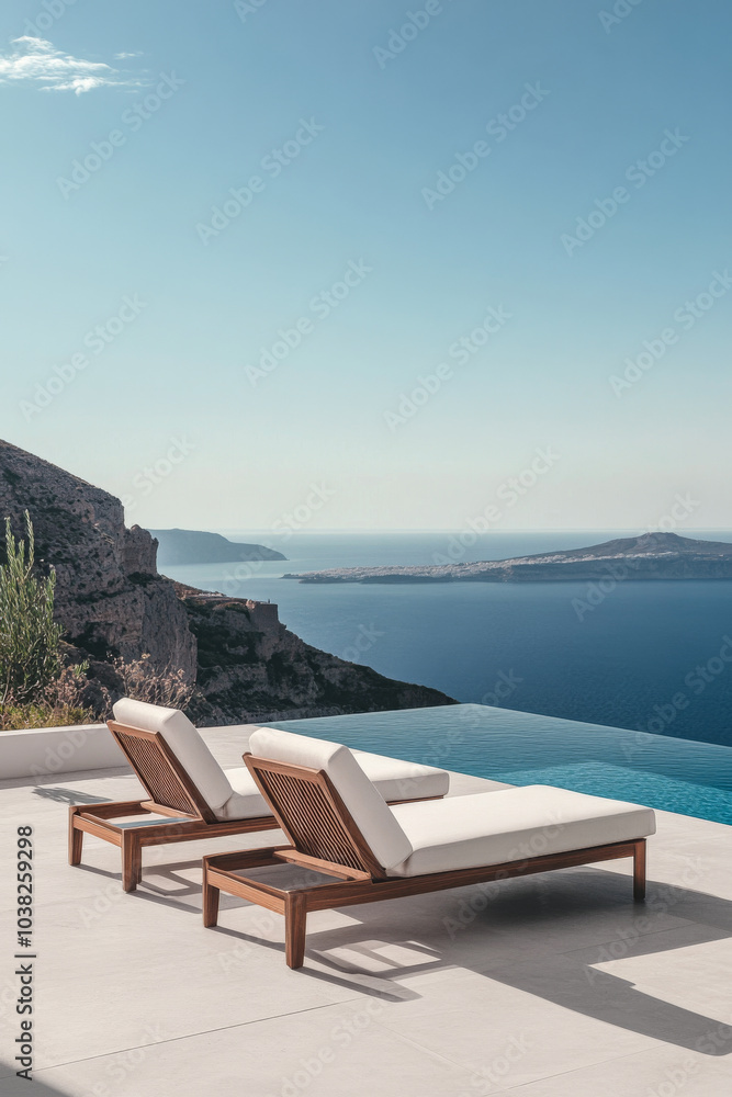Fototapeta premium Serene poolside loungers overlooking a breathtaking sea view in Santorini on a sunny day