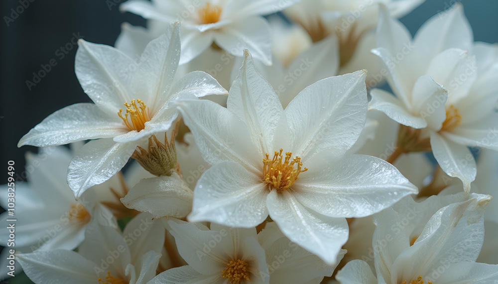 Obraz premium Charming white glass flowers with gold centers in a soft, light-filled arrangement