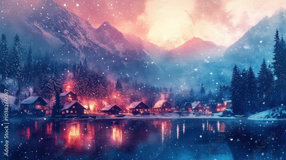 The Illustrated landscape aquarelle with water colors of a small village during Christmas holidays under mountains with snow. New Years Eve full of neon lights and colors. The Illustrated landscape aquarelle with water colors of a small village during Christmas holidays under mountains with snow. New Years Eve full of neon lights and colors.