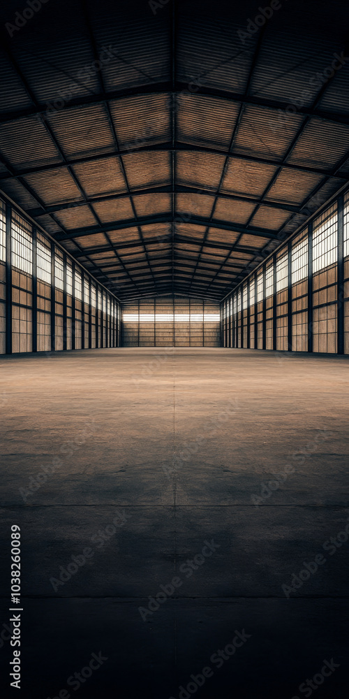 Spacious industrial warehouse interior with natural light during the daytime Spacious industrial warehouse interior with natural light during the daytime