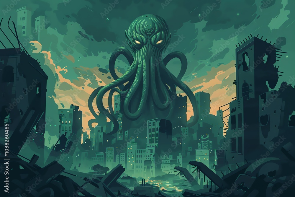 Illustration of a giant octopus-like creature towering over a dystopian ...