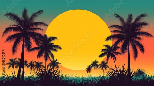 Tropical sunset with palm trees, a vibrant display of colors in paradise
