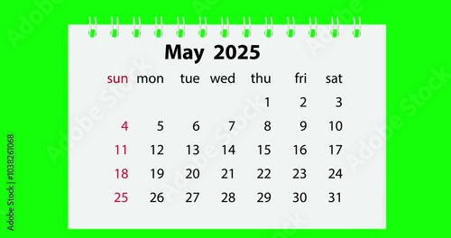 Calendar for 2025 new year from january to december flipping through month. Close up of flipped calendar page change on green background. Chroma key. 4k video graphic motion