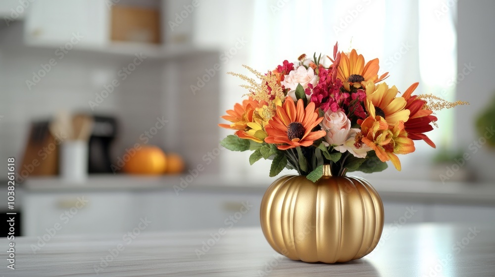 A golden pumpkin vase filled with an autumnal arrangement of vibrant artificial flowers rests on a kitchen table counter against a white modern kitchen backdrop. Thanksgiving and Halloween decorations A golden pumpkin vase filled with an autumnal arrangement of vibrant artificial flowers rests on a kitchen table counter against a white modern kitchen backdrop. Thanksgiving and Halloween decorations