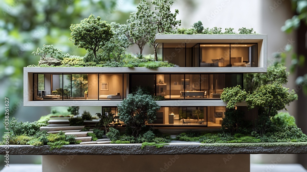 Detailed model of ecofriendly sustainable home featuring lush greenery small tree showcasing energyefficient design elements and a modern architectural style that embraces environmental consciousness Detailed model of ecofriendly sustainable home featuring lush greenery small tree showcasing energyefficient design elements and a modern architectural style that embraces environmental consciousness