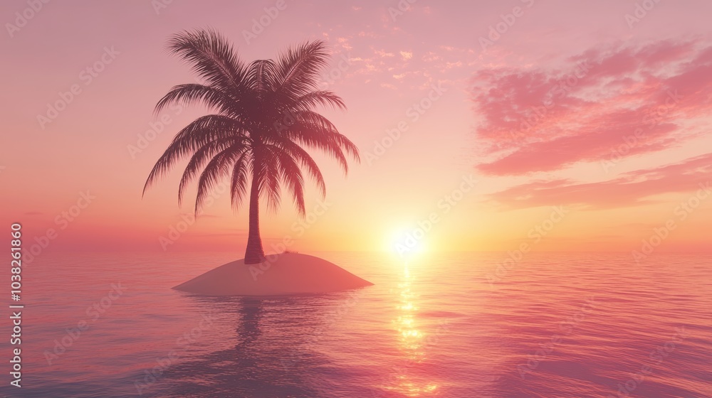 Serene oasis, a palm tree stands tall amidst tranquil waters Serene oasis, a palm tree stands tall amidst tranquil waters
