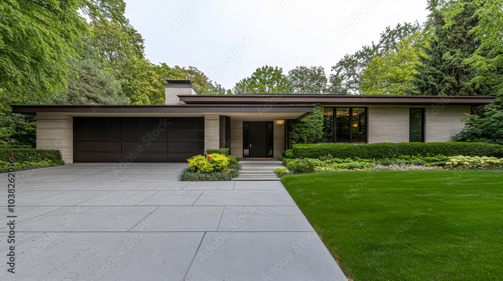 Fototapeta premium Contemporary house with modern design surrounded by lush greenery in a serene residential area