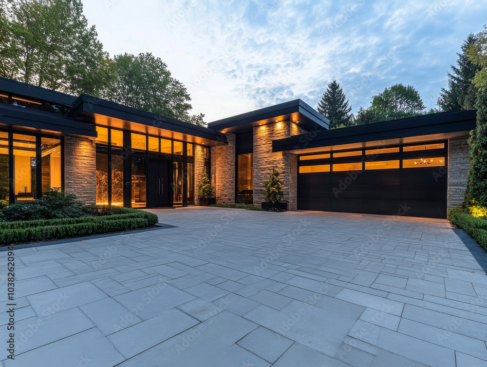 Modern luxury home exterior featuring large windows and a beautifully landscaped driveway at dusk Modern luxury home exterior featuring large windows and a beautifully landscaped driveway at dusk