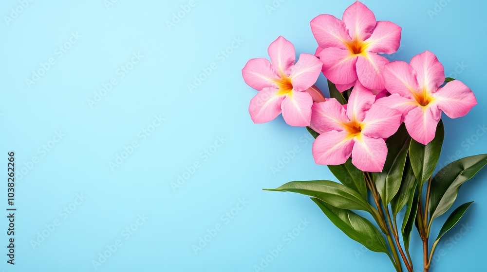 Fototapeta premium Pink flowers with green leaves on blue background, isolated design element.