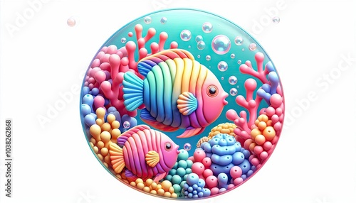 Colorful cartoon fish swimming in a blue, tropical ocean with coral reefs