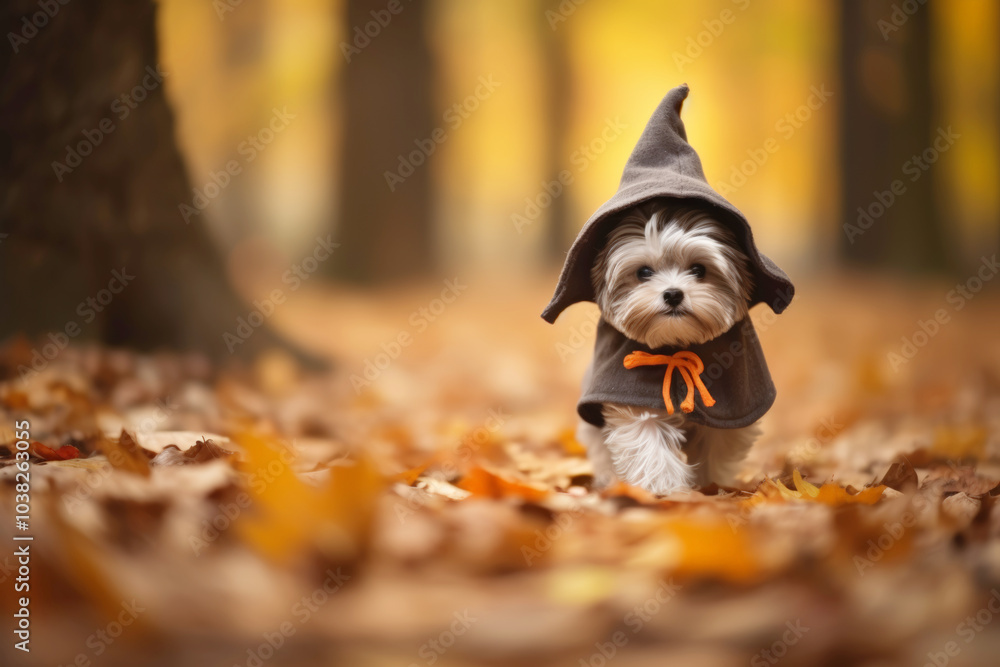 Fototapeta premium The cute dog dressed in a wizard costume, carrying a small pumpkin in its mouth while walking
