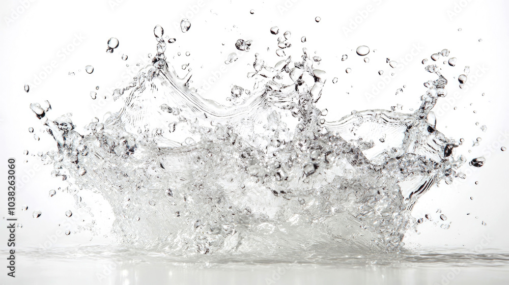 A splash of water creates a crown-like shape against a white background. A splash of water creates a crown-like shape against a white background.