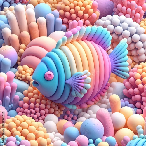 Colorful cartoon fish swimming in a blue, tropical ocean with coral reefs