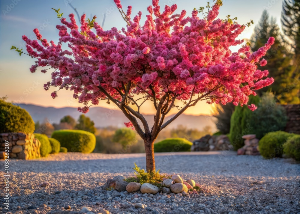 Naklejka premium Young Pink Flowering Ornamental Tree in Spring on a Gravel Hill, Captured in Low Light Photography, Showcasing Nature's Beauty and Serene Atmosphere