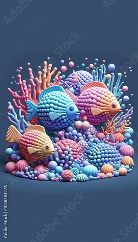Colorful cartoon fish swimming in a blue, tropical ocean with coral reefs