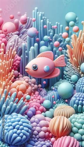 Colorful cartoon fish swimming in a blue, tropical ocean with coral reefs
