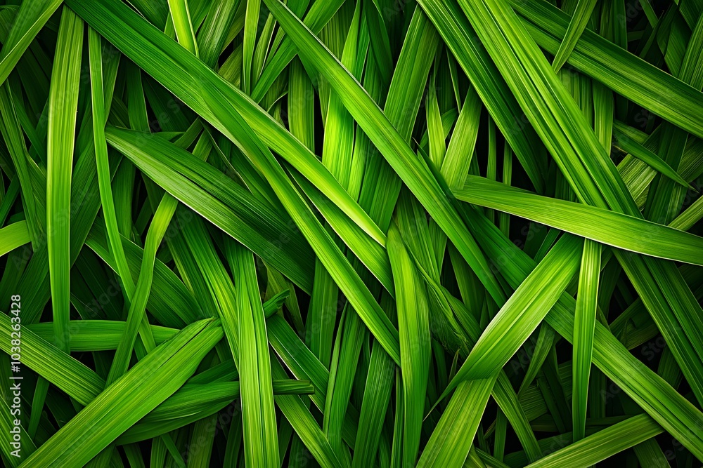 A close-up view of vibrant green grass blades layered together. A close-up view of vibrant green grass blades layered together.