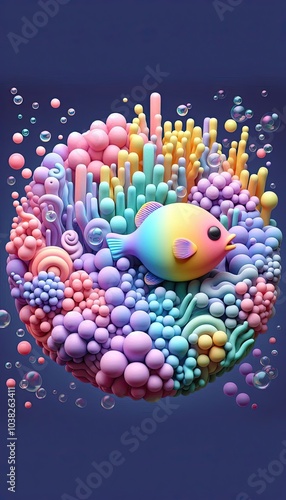 Colorful cartoon fish swimming in a blue, tropical ocean with coral reefs