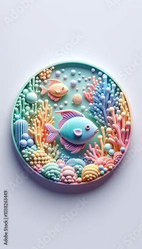 Colorful cartoon fish swimming in a blue, tropical ocean with coral reefs