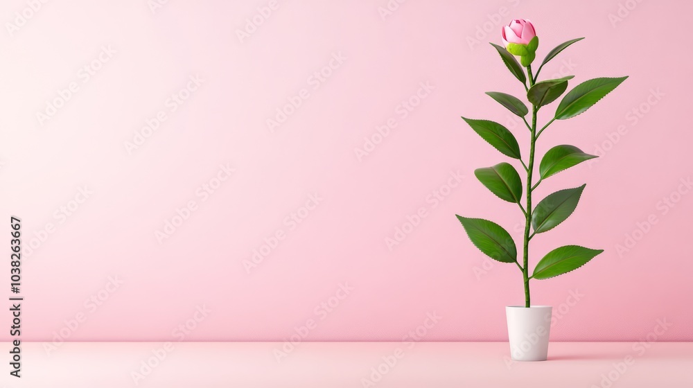 Potted pink rose with green leaves against a soft pink background. Potted pink rose with green leaves against a soft pink background.