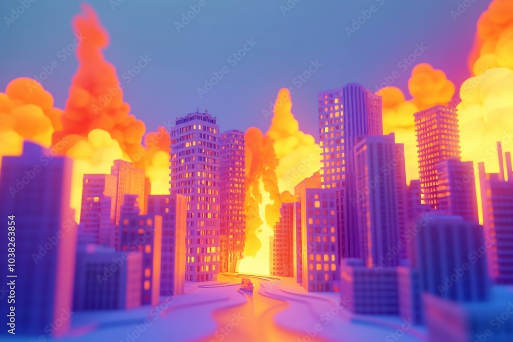 Fototapeta premium 3D Burning Downtown: City on Fire in Chaos Game Wallpaper Background