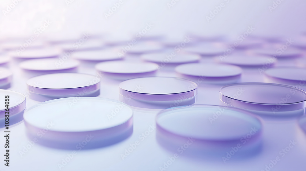White and purple Petri dishes are arranged in an array on a soft gradient background, with the focus centered on one glowing dish, symbolizing innovation in biotechnology. White and purple Petri dishes are arranged in an array on a soft gradient background, with the focus centered on one glowing dish, symbolizing innovation in biotechnology.