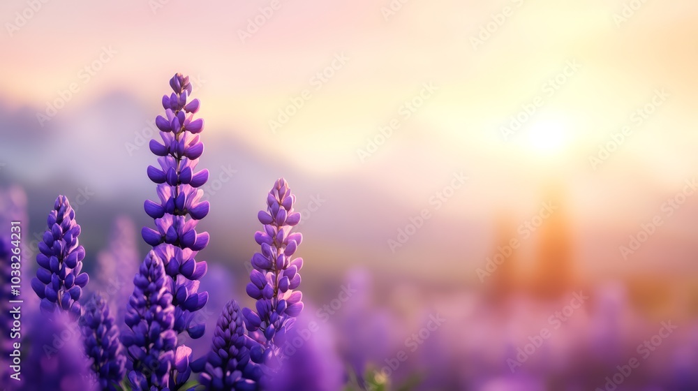 Purple lupine flowers basking in warm sunlight during a serene sunset. Purple lupine flowers basking in warm sunlight during a serene sunset.