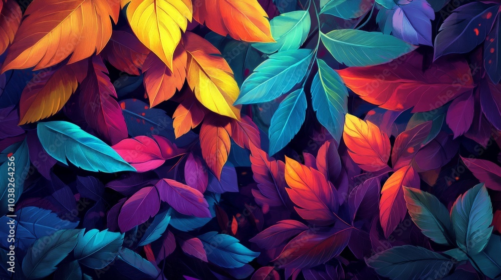 A vibrant abstract of overlapping leaves in shades of red, blue, purple, and yellow. A vibrant abstract of overlapping leaves in shades of red, blue, purple, and yellow.