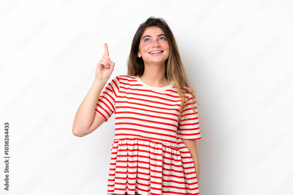 Young caucasian woman isolated on white background pointing up a great idea Young caucasian woman isolated on white background pointing up a great idea