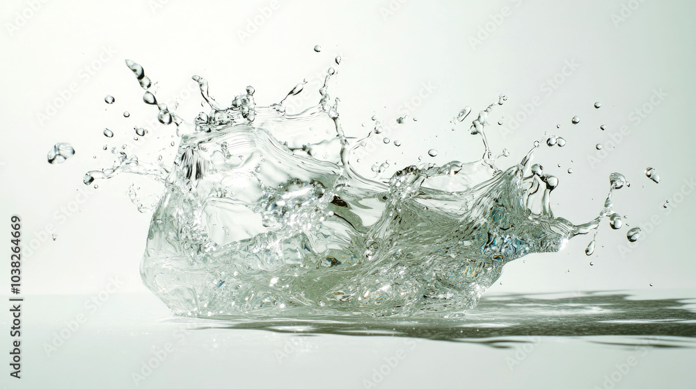 A water splash with droplets in motion against a white background. A water splash with droplets in motion against a white background.