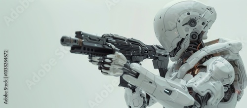 a futuristic humanoid robot holding a assault riffle, white background, wide angle