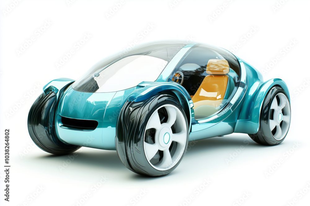 Teal Compact blue- green Electric Car with Futuristic Wheels. Electric car of the future on a white background Teal Compact blue- green Electric Car with Futuristic Wheels. Electric car of the future on a white background