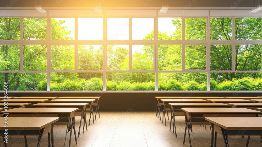 Obraz premium Bright Classroom with Large Windows and Greenery View