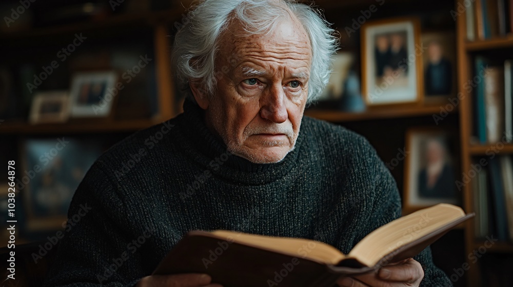 Thoughtful Elderly Man Reading a Book Indoors Thoughtful Elderly Man Reading a Book Indoors