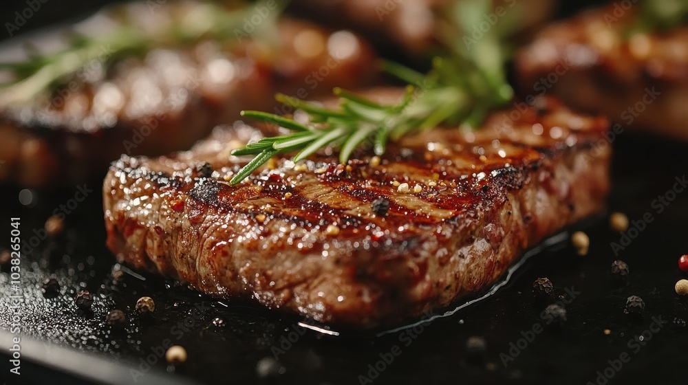 Grilled medium rib eye steak with rosemary and pepper.Macro.AI Generative Grilled medium rib eye steak with rosemary and pepper.Macro.AI Generative
