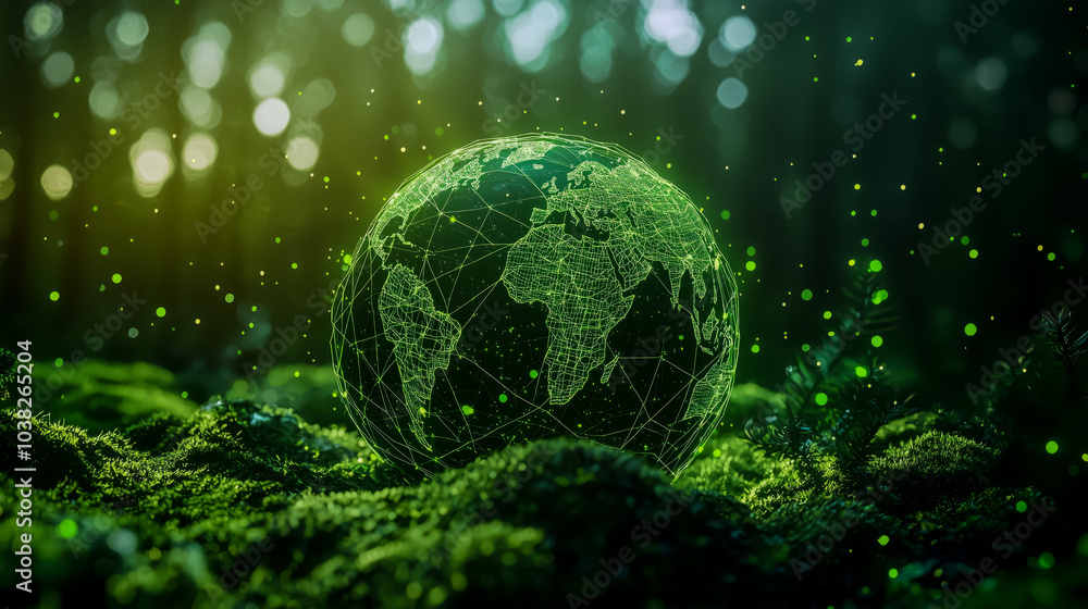 Globe planet glass in green forest with bokeh nature lights. world environment day. concept of environment conservation, protect ecology earth and environmental eco-friendly life banner and copy space Globe planet glass in green forest with bokeh nature lights. world environment day. concept of environment conservation, protect ecology earth and environmental eco-friendly life banner and copy space