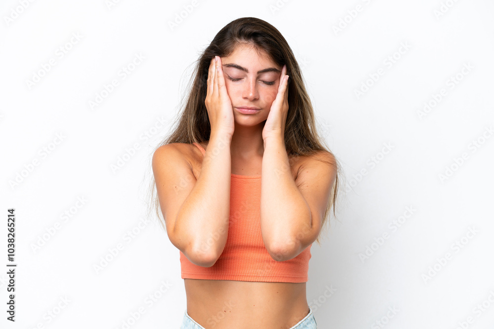 Young caucasian woman isolated on white background with headache Young caucasian woman isolated on white background with headache