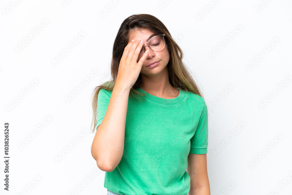 Young caucasian woman isolated on white background with headache Young caucasian woman isolated on white background with headache
