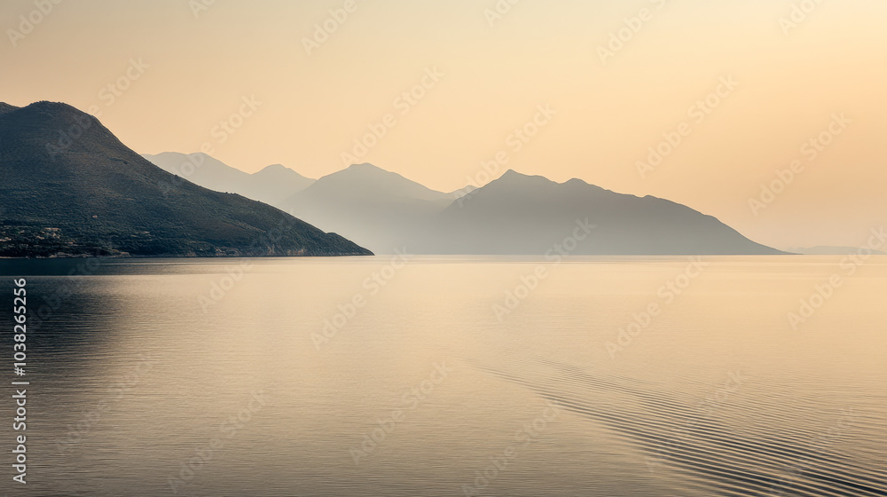 Tranquil sunset over calm waters with misty mountains in the background Tranquil sunset over calm waters with misty mountains in the background