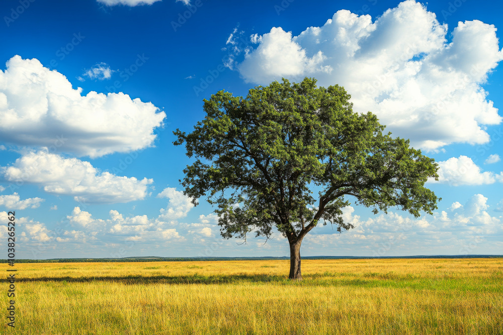 A solitary oak tree stands tall in a vast golden field under a bright blue sky with clouds A solitary oak tree stands tall in a vast golden field under a bright blue sky with clouds