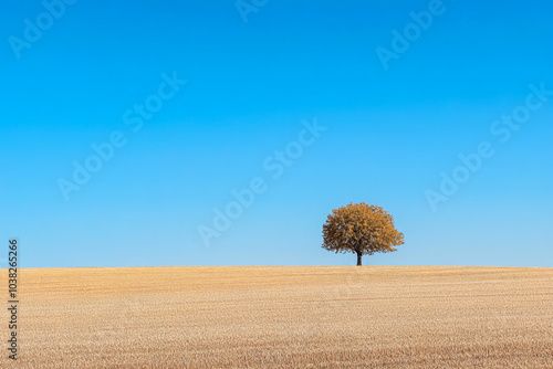 A solitary tree stands in a vast golden field under a clear blue sky during midday photo