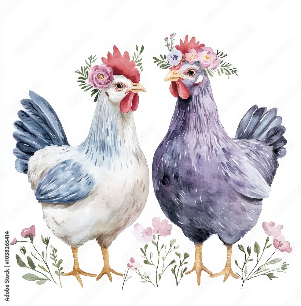 Fototapeta premium Two decorative chickens adorned with flowers standing among blooms in a bright, cheerful setting