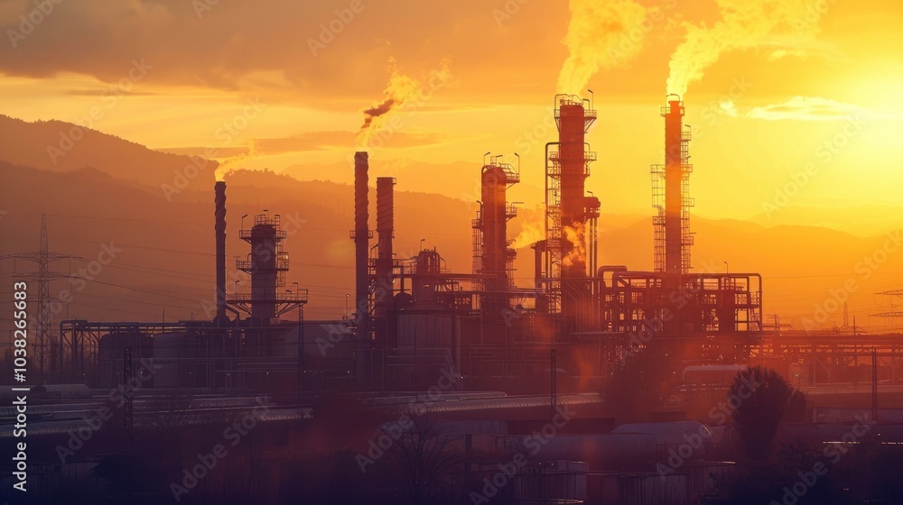 A gas plant during the golden hour, with warm light casting long shadows over the machinery, complemented by the silhouette of distant hills