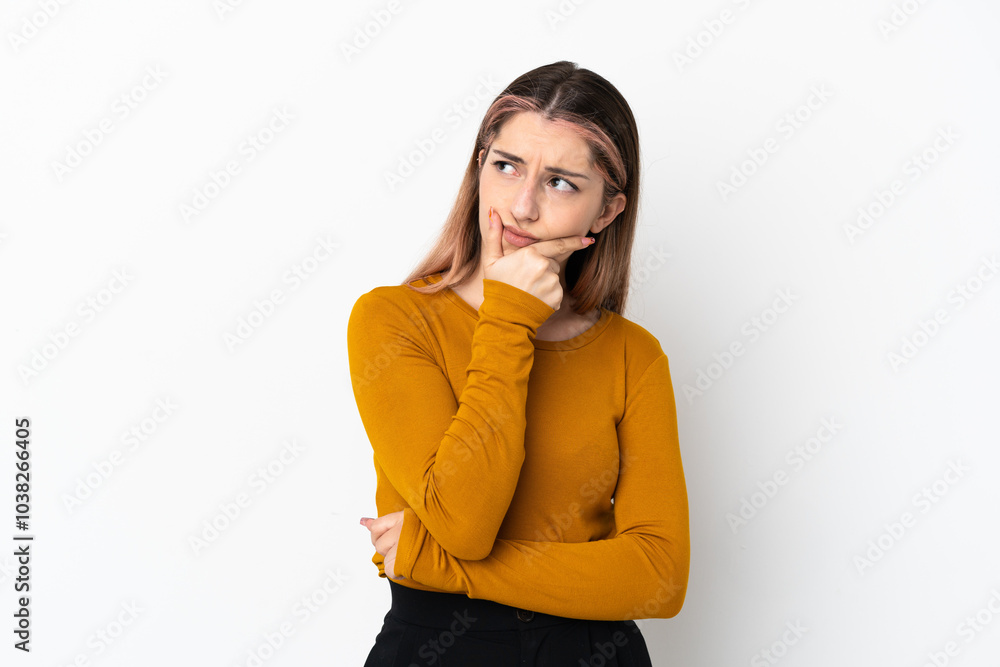 Young caucasian woman isolated on white background having doubts Young caucasian woman isolated on white background having doubts