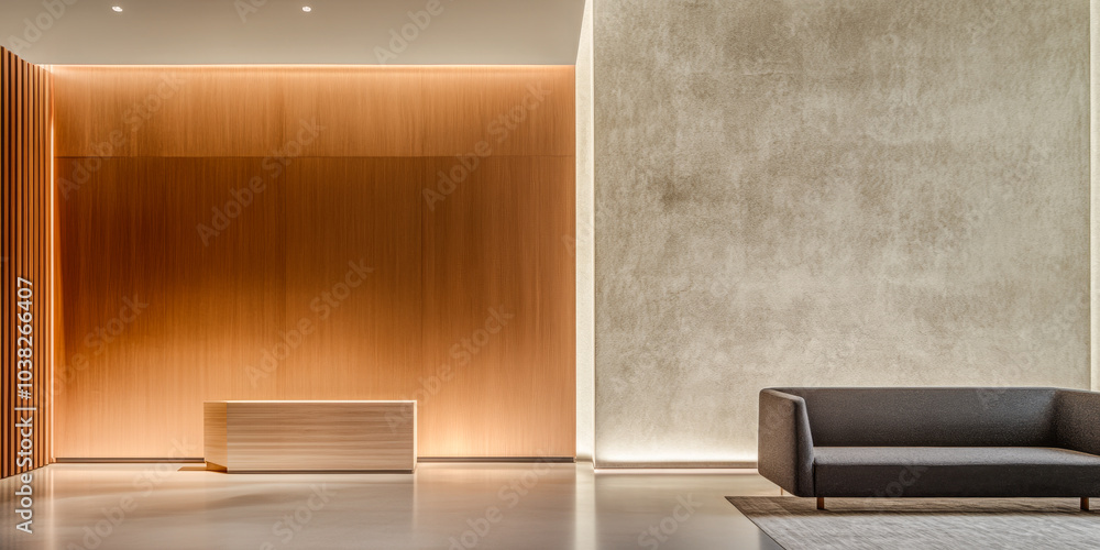 Fototapeta premium Modern interior design featuring a cozy sofa in a softly lit, minimalist space