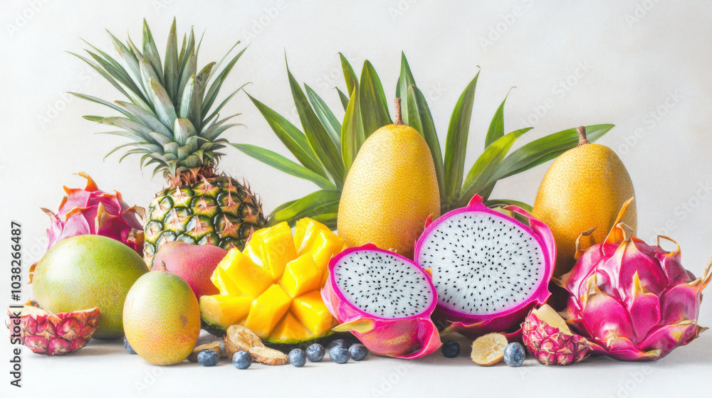 Fresh Tropical Fruits on White Background - Pineapple, Mango, Dragon Fruit Fresh Tropical Fruits on White Background - Pineapple, Mango, Dragon Fruit