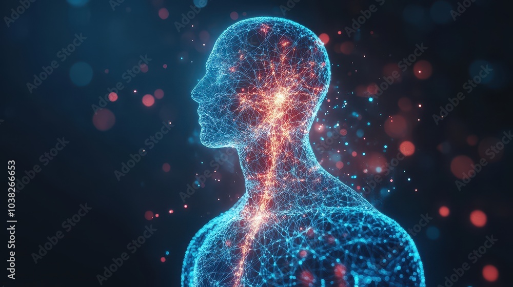 Human torso with neural connections hologrammed on a dark background with light, abstract of digital art, concept of future biotechnology Human torso with neural connections hologrammed on a dark background with light, abstract of digital art, concept of future biotechnology