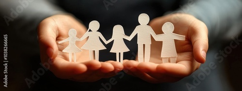 the child is holding a family cut out of paper. selective focus